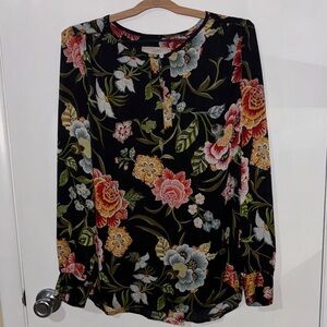 LOFT Black Blouse with Vibrant Floral Pattern